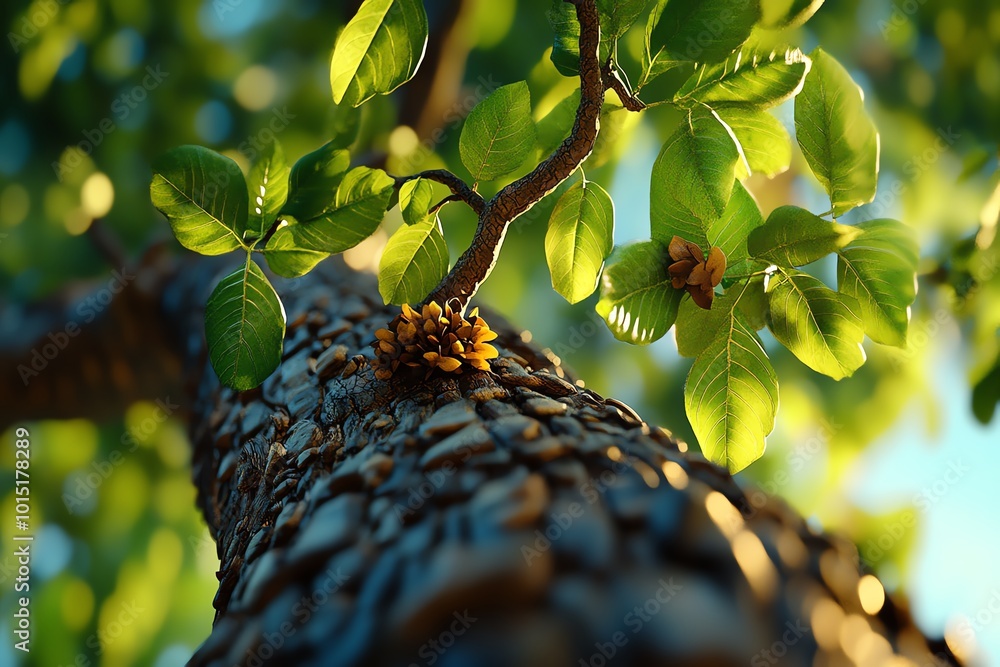 Poster hyper-realistic forest scene, showing the intricate textures of the tree bark, leaves, and the play 