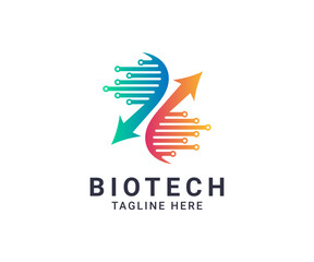 Biotech development logo icon vector template design for healthcare and medical services. Genetics and dna helix symbol with arrow growth icon for biotechnology development logo.