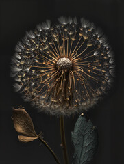 Obraz premium Detailed dandelion flower with intricate seed structure and leaves on a dark background, showcasing nature's beauty