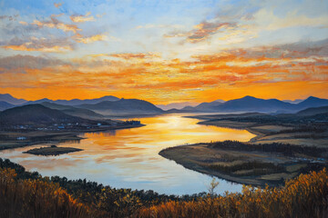 oil painting of Beautiful natural landscape of Korea at sunset
