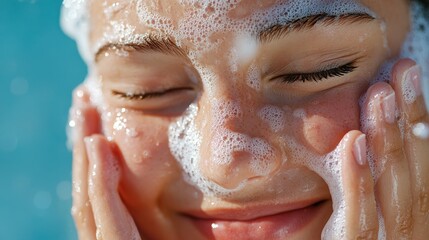 Smiling Child Washing Face with Soap in Water