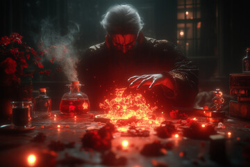 Alchemist table concept background. Wizard brew a magi potion close up background.