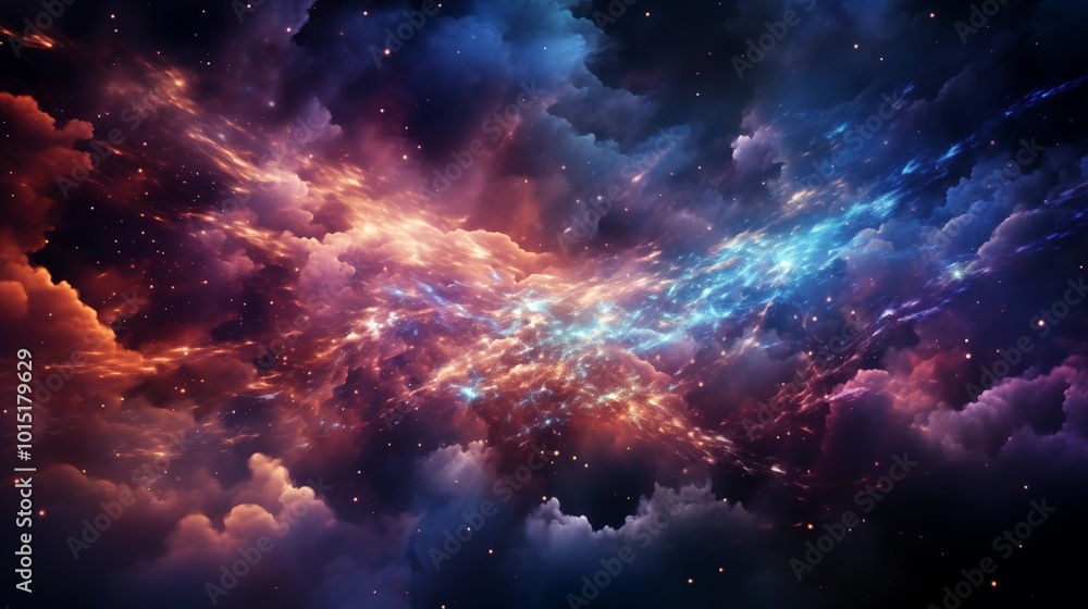 Poster abstract background with blue purple white particles explosion with empty space.