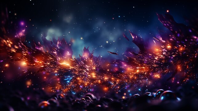 Abstract background with blue purple white particles explosion with empty space.