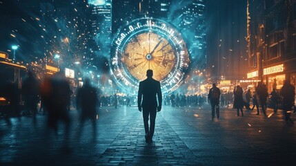 A lone man walks towards a giant clock in a city, with a crowd of people around him.