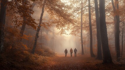 People walking through a autumn forest, with soft, diffused light, peaceful, reflective mood