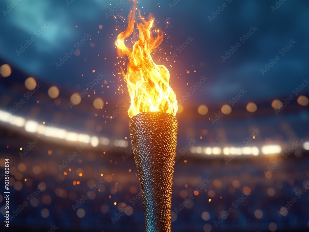 Poster illuminating unity: 3d olympic torch with brilliant flame in blurred stadium background