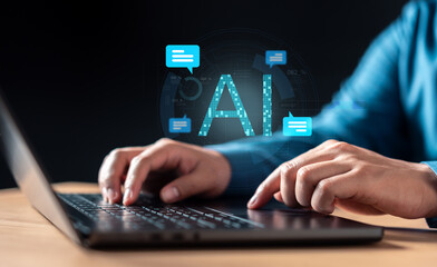 tech, data, analysis, keyboard, management, marketing, plan, report, seo, technology. A person is typing on a laptop with a blue screen that says AI. Concept of artificial intelligence.