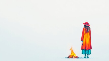 A lone figure stands by a small fire in a minimalist landscape, wearing vibrant clothing and a wide-brimmed hat, evoking solitude and reflection.