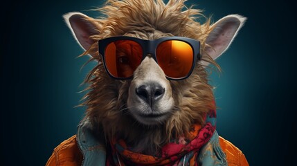 Obraz premium Abstract of fashion style sheep wearing sunglasses portrait isolated on clean png background, sheep fur multi colored colorful on skin body and hairs paint