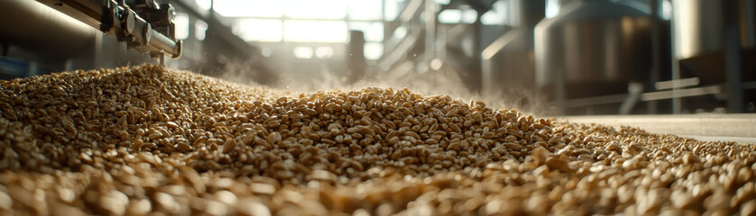 Obraz premium Grains are processed in industrial setting, showcasing machinery and workflow involved in food production. scene captures essence of efficiency and productivity in modern facility