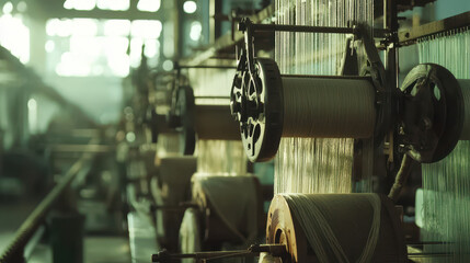 Fototapeta premium Textile weaving machines producing fabric in modern industrial setting, showcasing intricate machinery and process of fabric creation. atmosphere is filled with sense of innovation and craftsmanship