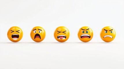 Naklejka premium Five expressive emoji faces depicting different emotions on a white background, illustrating various moods and feelings in a creative way.