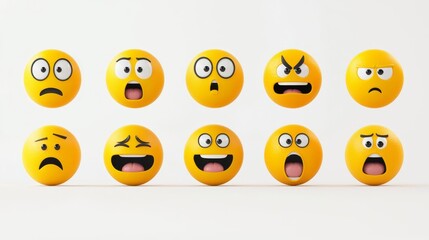 Fototapeta premium A collection of ten diverse yellow emoji faces expressing various emotions against a white background, perfect for illustrating digital communication.