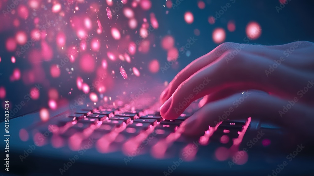 Poster a close up of a hand typing on a keyboard, with a glowing chat window showing animated text messages