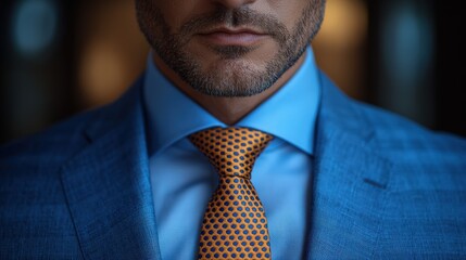 Detailed close-up focusing on a businessman's necktie and suit, highlighting professionalism and style