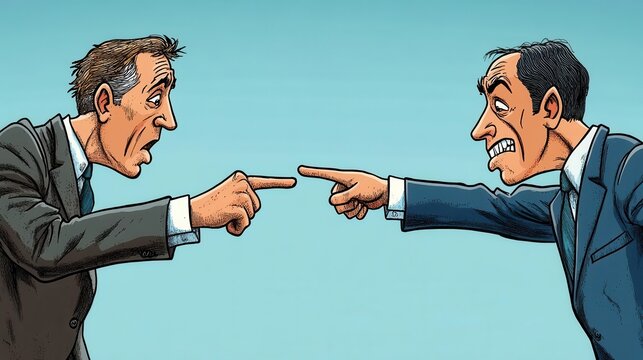 Cartoon-like men pointing at each other in a chain reaction, symbolizing blame and power within corporate structures