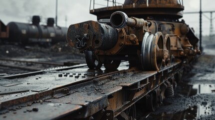 Close-up of a rusted railway carriage with a large pipe