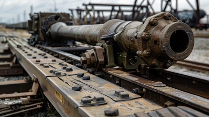 Close-up of a rusty metal rail car coupling mechanism on railroad tracks