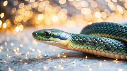 Obraz premium Green snake with glowing bokeh background in a close-up view.