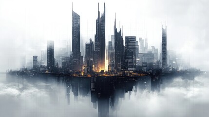 Fototapeta premium A luxurious AI-generated image featuring a futuristic city skyline, designed with intricate details and expensive visual effects. Isolated on a transparent background.