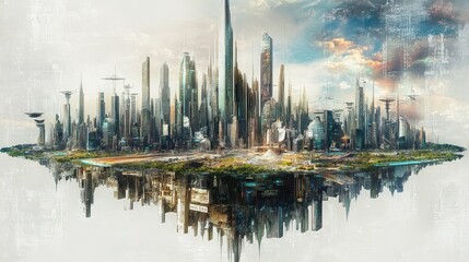 Obraz premium A luxurious AI-generated image featuring a futuristic city skyline, designed with intricate details and expensive visual effects. Isolated on a transparent background.