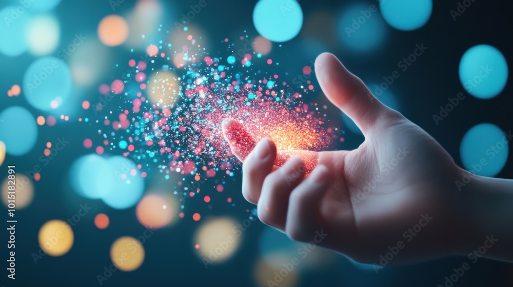 Poster a person using a touchscreen device, interacting with a colorful and engaging digital interface.