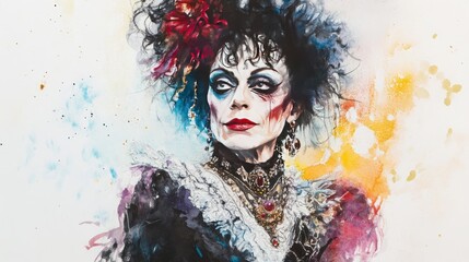 A watercolor portrait of an eccentric, disheveled noblewoman with exaggerated features, wearing outdated royal garments, her expression filled with aloofness and mystery.