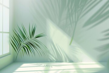 Bright green abstract gradient studio background featuring palm leaves and floral shadows in an empty summer space