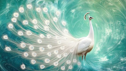 Elegant white peacock spreading its tail in full display, set against a teal background with swirling abstract patterns. Perfect for artistic and decorative projects.