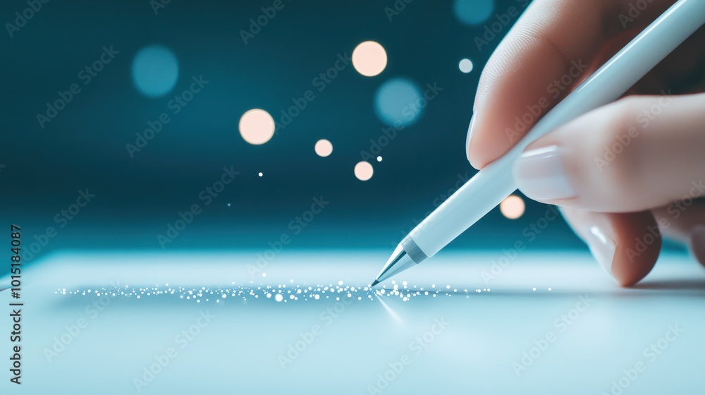 Poster close up shot of an artist hand using a stylus on a tablet with illustrator interface displayed.