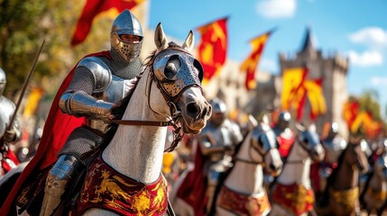 Naklejka premium Brave Knight on Horseback in Colorful Parade