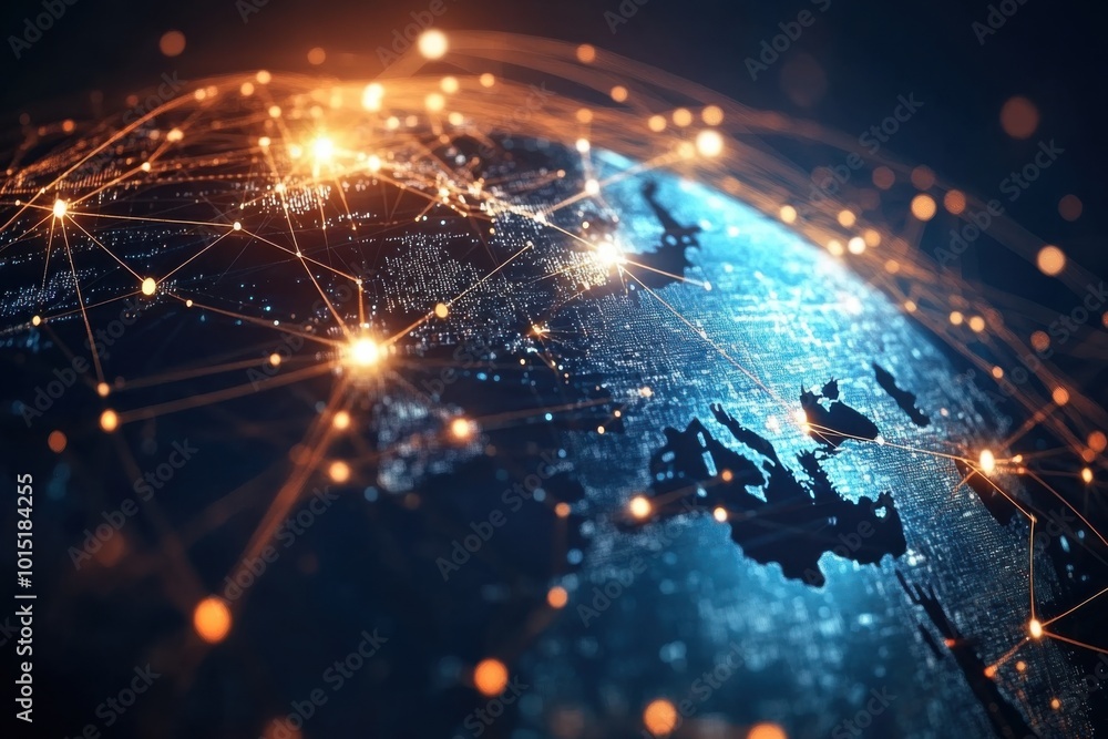 Poster a digital network of interconnected nodes and lines surrounding a globe, symbolizing global business