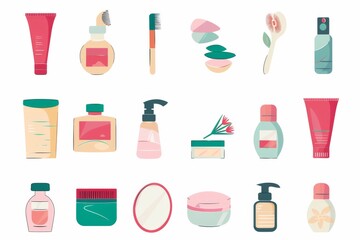 A vibrant collection of beauty and cosmetic icons featuring lotions, perfumes, and makeup tools in a colorful and artistic design
