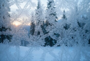 Fototapeta premium Intricate frost patterns on window with dreamy winter forest background