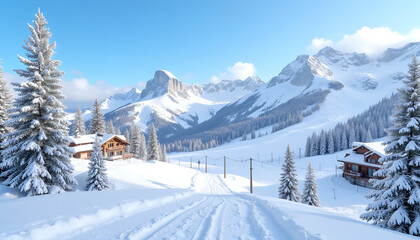 Idyllic snowy mountain landscape with wooden chalets and snow-covered pine trees representing winter paradise