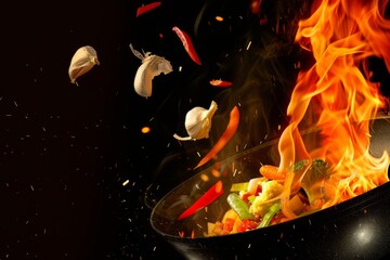A dynamic freeze motion capture of vibrant ingredients soaring over a fiery wok pan in a lively kitchen setting
