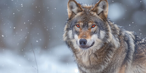 Obraz premium Wolf creative realistic photography style illustration. Animal wolf concept horizontal poster design. Digital illustration. Graphic design art. AI artwork. 