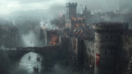 Intense Medieval Fortress Under Siege with Smoke and Fire