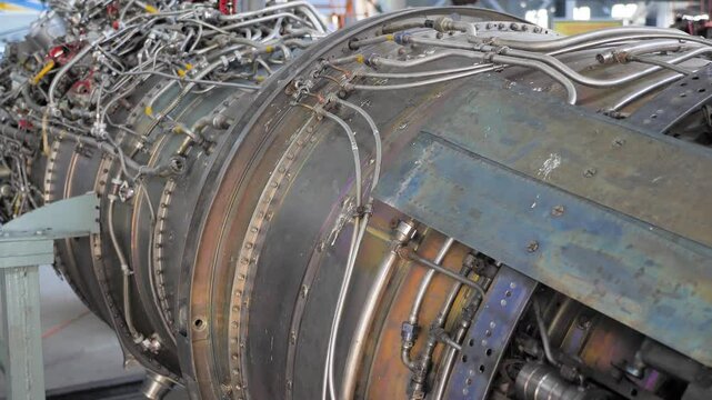 Close up view of turbo jet engine system