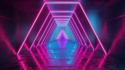 Neon glowing triangular tunnel with vibrant pink and blue lights, futuristic sci-fi corridor.