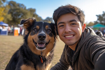 A young Hispanic man smiling next to his dog outdoors on a sunny day at a community event. Concept of pet companionship and outdoor activities, volunteering in animal shelters