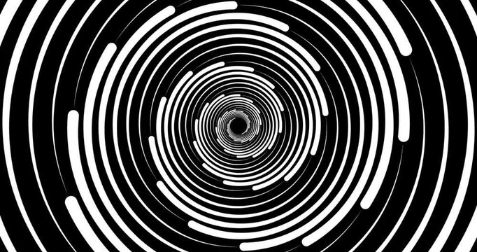 Moving hypnotic spiral. Psychedelic animated spiral and slow rotation. Black and white background with hypnotic expanding collapsing spiral. Seamless loop. 