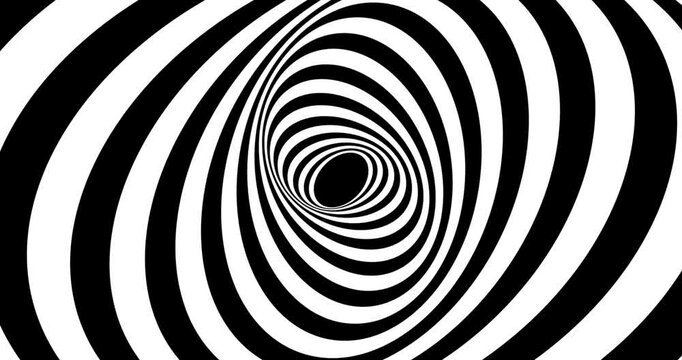 Moving hypnotic spiral. Psychedelic animated spiral and slow rotation. Black and white background with hypnotic expanding collapsing spiral. Seamless loop. 
