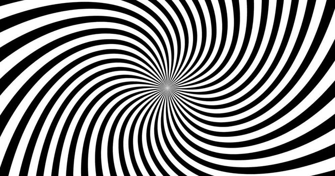 Moving hypnotic spiral. Psychedelic animated spiral and slow rotation. Black and white background with hypnotic expanding collapsing spiral. Seamless loop. 