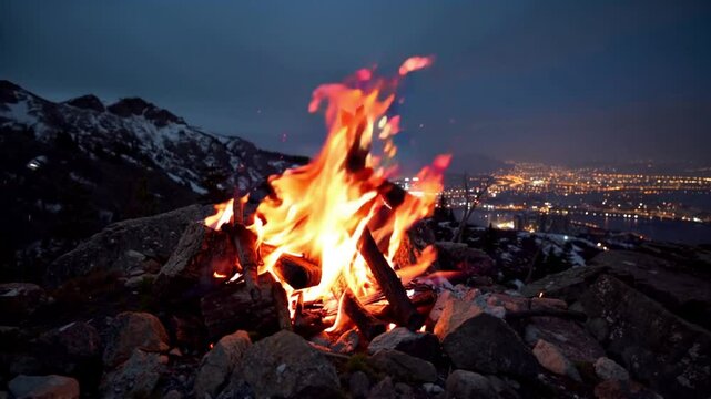 the serene beauty of nature with this captivating video of a campfire on a mountain peak
