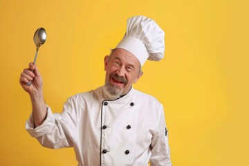 Naklejka premium Cheerful grey-haired chef enjoys cooking in a bright yellow kitchen, showcasing his culinary passion with a spoon in hand