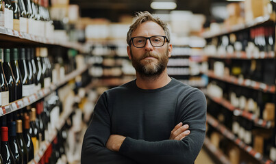 Fototapeta premium Man Standing in Front of Wine Shelves in a Liquor Store | Exploring a Variety of Fine Wines and Spirits