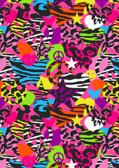 Obraz premium fun alternative brightly colored leopard zebra print with hearts, skull, stars, guitars