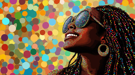 Young woman with sunglasses enjoys a vibrant, colorful background filled with circular patterns on a sunny day